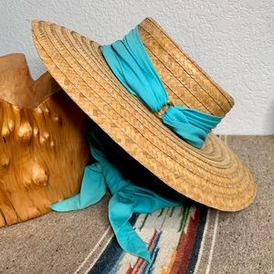 Vintage Boater Raffia Straw Flat Brim Hat